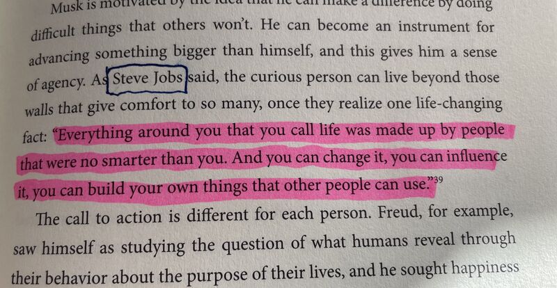 Steve Jobs quote highlighted in The Curious Mind of Elon Musk