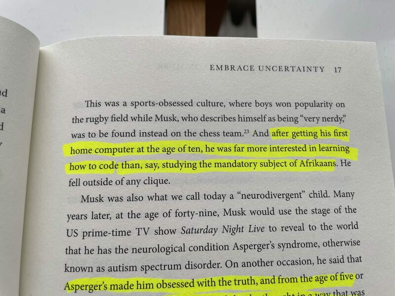 Young Musk discovering computers — highlighted passage from The Curious Mind of Elon Musk