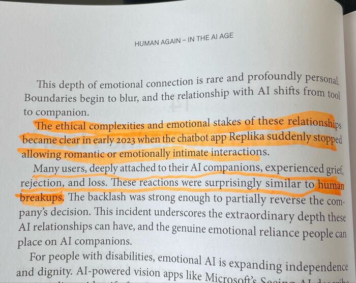 Highlighted page from Human Again on emotional AI relationships and the Replika incident