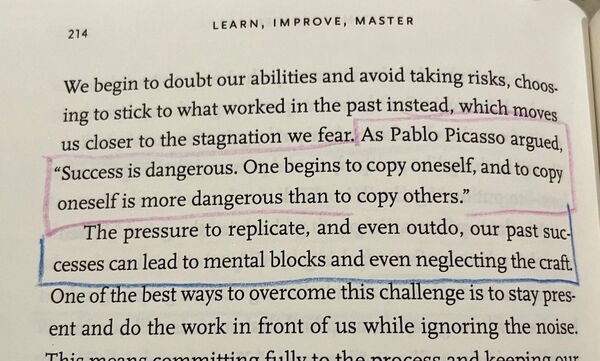 Highlighted passage about Pablo Picasso and the danger of copying yourself