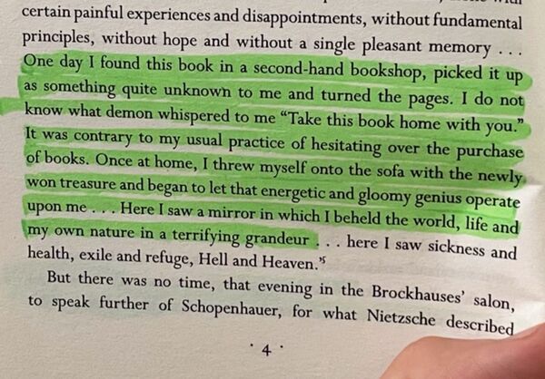 Highlighted passage from I Am Dynamite — Nietzsche discovering Schopenhauer in a second-hand bookshop