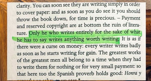 Highlighted passage from On the Suffering of the World — only he who writes for the sake of what he has to say writes anything worth writing